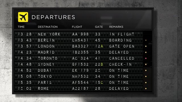 Airport departures split flap mechanical board realistic 3D animation updating and showing flight status to several destinations.