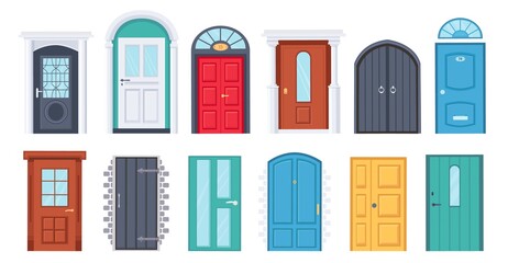 Front doors. Cartoon vintage house wooden doorway. Door with glass window. Home entrances with frame and doorknob. Doors design vector set