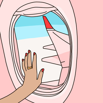 Closeup Illustration of a Woman's Hand on a Plane Window With Blue Sky and Clouds on the Background. Flying and Traveling, World Exploring, Leisure and Holiday Time Concept