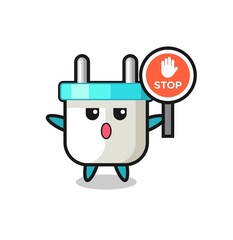 electric plug character illustration holding a stop sign