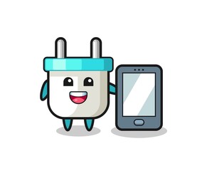 electric plug illustration cartoon holding a smartphone