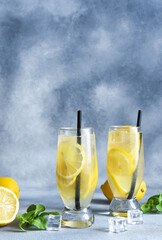 Cold summer drink with lemon and mint - lemonade..Classic lemonade with ice.