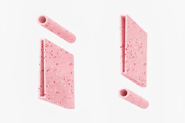 Extruded 3D exclamation symbol with terrazzo stone pattern. Pastel pink with red and white specks pattern. High definition 3D rendering.