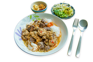 Rice Vermicelli With Northern Thai Pork Curry, white isolated.