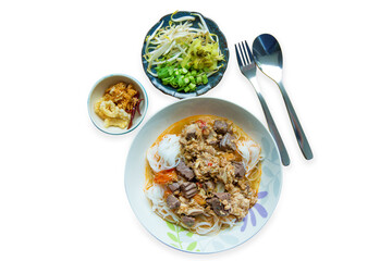 Rice Vermicelli With Northern Thai Pork Curry, white isolated.