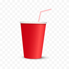 Cup of drink. Fast food red paper cup with a red and white tube. Vector illustration