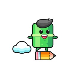 bamboo mascot illustration riding on a giant pencil