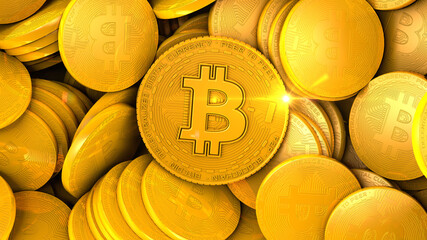 Bitcoin Above on Piles of Other Coins with Flare. angle looking down on a bitcoin resting on a pile of other gold coins with lens flare