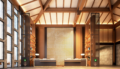 3d render of wooden style lobby and reception
