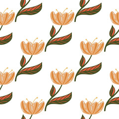 Isolated natural flowers silhouettes seamless pattern in simple style. Tulip ornament on white background.