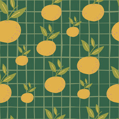 Random pale tones seamless pattern with simple orange mandarin shapes. Green chequered background.