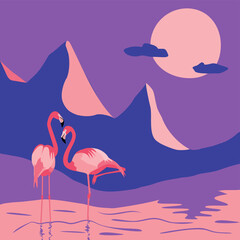 flamingo birds couple in the night abstract landscape vector illustration
