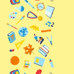 School seamless pattern with education items. Supplies and stationery background.