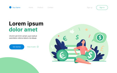 Rich woman sitting and using smartphone. Coin, money, investment flat vector illustration. Finance and transaction concept for banner, website design or landing web page