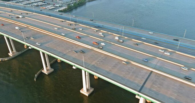 Panoramic aerial view on the Governor Alfred E. Driscoll Bridge over the Raritan River in New Jersey