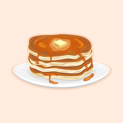 Delicious american pancakes for breakfast with butter and honey on a white plate on a light background