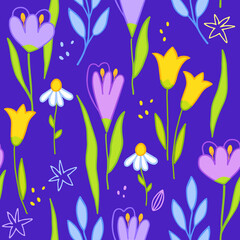 Fototapeta na wymiar Modern floral handrawn seamless pattern on violet background. Vector illustration.