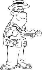 Black and white illustration of a happy man playing a ukulele.