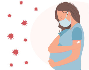 Pregnant woman in medical mask after vaccination, vaccination for pregnant, healthcare concept, medicine concept