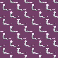 Abstract blue simple snakes silhouettes seamless pattern in hand drawn style. Purple background.
