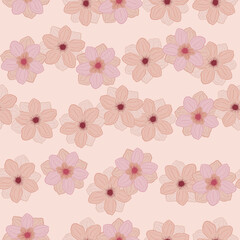 Hand drawn ditsy seamless pattern with cute random anemone bud flower shapes. Pink pastel colors.