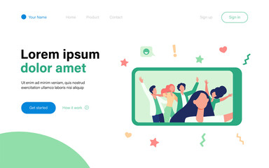 Happy friends taking selfie on smartphone during party. Fun, mobile phone, holiday flat vector illustration. Friendship and celebration concept for banner, website design or landing web page