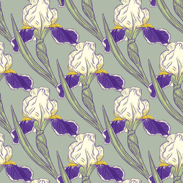 Decorative iris flowers silhouettes seamless floral pattern. Pale blue background. Botanic backdrop. © Lidok_L