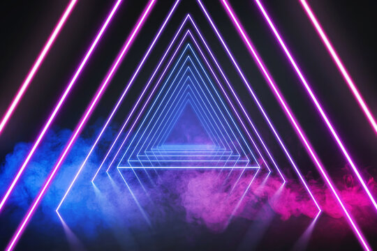 3d render, ultraviolet neon triangular portal, glowing lines, tunnel, corridor, virtual reality, abstract fashion background, violet neon lights, arch, pink blue triangle, spectrum, laser show