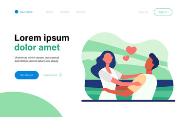 Young happy couple hugging each other. Girlfriend, date, sea flat vector illustration. Relationship and love concept for banner, website design or landing web page