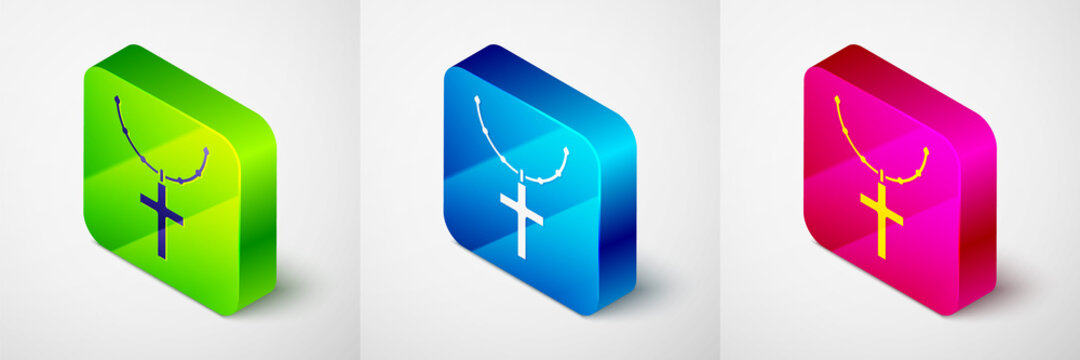 Isometric Christian cross on chain icon isolated on grey background. Church cross. Square button. Vector