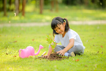 Cute little girl asia planting young tree on black soil in the park.Which increases the development and enhances learning skills as save world new life,environmental conservation concept.