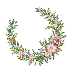 Digital watercolor flower wreath with pink wild rose hip flowers, and green leaves on the white background. Hand-drawn illustration for wedding and other celebration invitations.