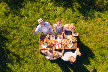 High above angle view family having picnic outdoors cheerful waving hands sunny summer day