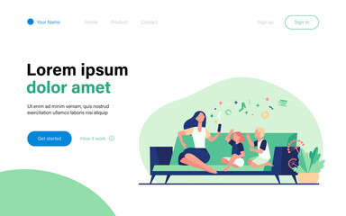 Mother sitting on sofa with kids and using smartphone. Couch, online, leisure flat vector illustration. Family and digital technology concept for banner, website design or landing web page