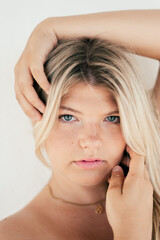 Naklejka premium Gorgeous plus size young girl on white background. Concept of body positivity