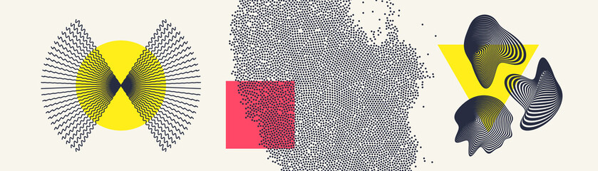 Abstract radial lines as propeller or fan. Melted liquid shape made of distorted lines. Chaotic concentration and dispersion of small black dots. Vector illustration. © Login