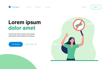 Young woman protesting with round banner. Meeting, stop, attention flat vector illustration. Demonstration and active position concept for banner, website design or landing web page