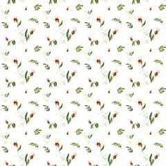 Beautiful watercolor floral seamless pattern with brown rosehips, green leaves, and watercolor splashes on the white background. Rustic hand-drawn nature ornament for wrapping paper, fabric, paper for