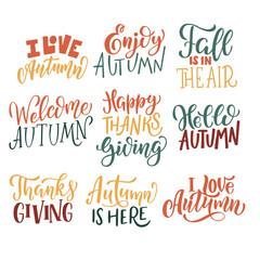 Fototapeta na wymiar Set of phrases about autumn, in colored letters, in vector graphics, on a white background. For the design of posters, postcards, prints for mugs, t-shirts, bags, notebook covers.