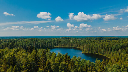 clouds over a small forest lake from a bird's eye view