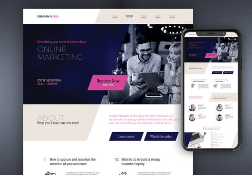 Online Event Landing Page with Blue and Pink Accents