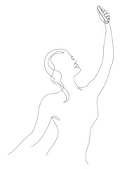 Silhouettes of a lady, she takes a selfie in a modern single line style. Solid line, aesthetic outline for home decor, posters, stickers, logo. Vector illustration.