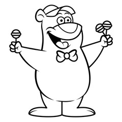 Black and white cartoon illustration of Bear wearing hat and bowtie peddle a candy on the street, suitable for coloring book of children with snack themes