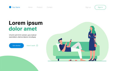 Man lying on sofa when woman standing and looking at him. Couch, laziness, wife flat vector illustration. Family and relationship concept for banner, website design or landing web page