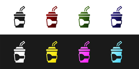 Set Paper glass with drinking straw and water icon isolated on black and white background. Soda drink glass. Fresh cold beverage symbol. Vector