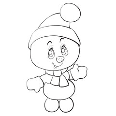 Obraz na płótnie Canvas sketch, cute character snowman in hat and scarf, coloring book, cartoon illustration, isolated object on white background, vector,