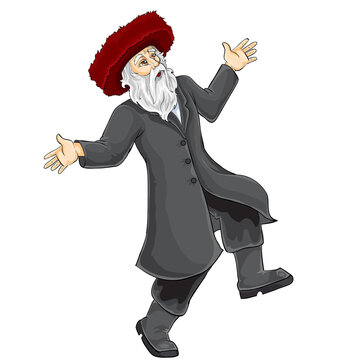 Jew In Hasidic Hat Dancing And Rejoicing At Something, Isolated Object On White Background, Vector Illustration,