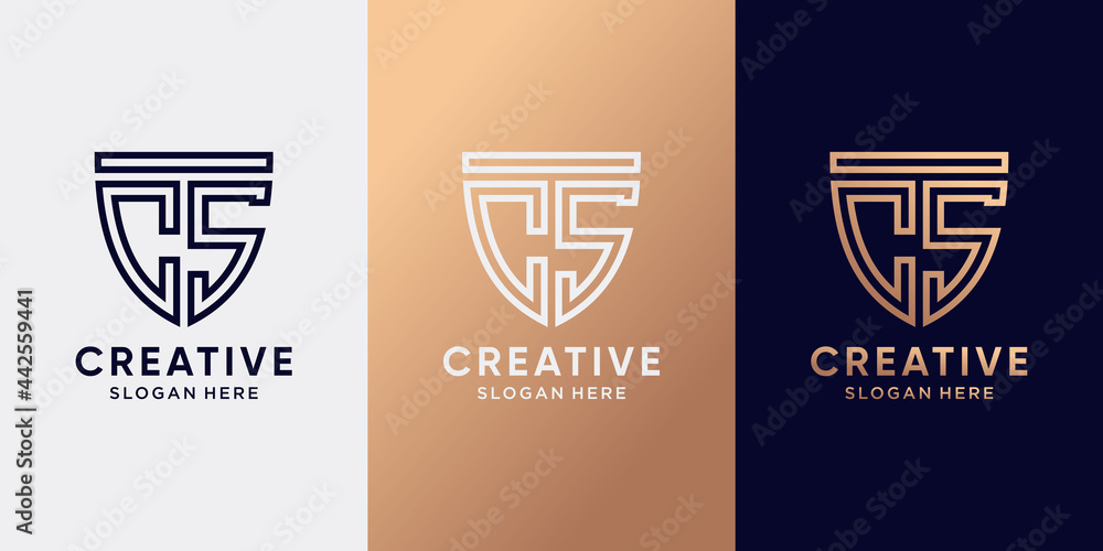 Fototapete creative monogram logo design initial letter cs with line art style and shield concept