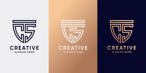 Creative monogram logo design initial letter CS with line art style and shield concept