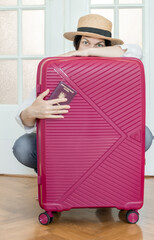 suitcase pink passport big luggage baggage hat summer door